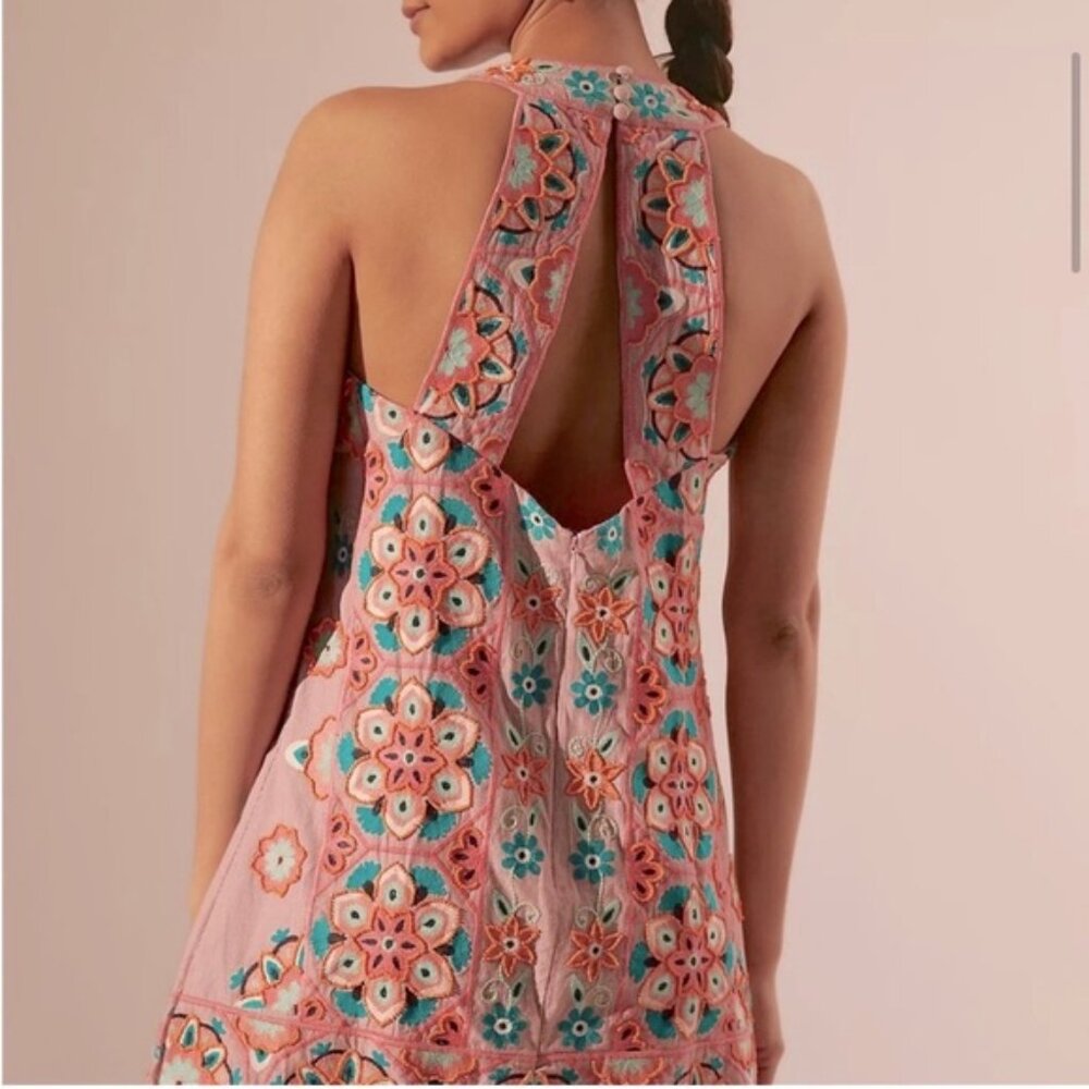 Anthropologie Embroidered & Appliqued Dress - Pink with Multicolor Floral Size 0 - Picture 3 of 12